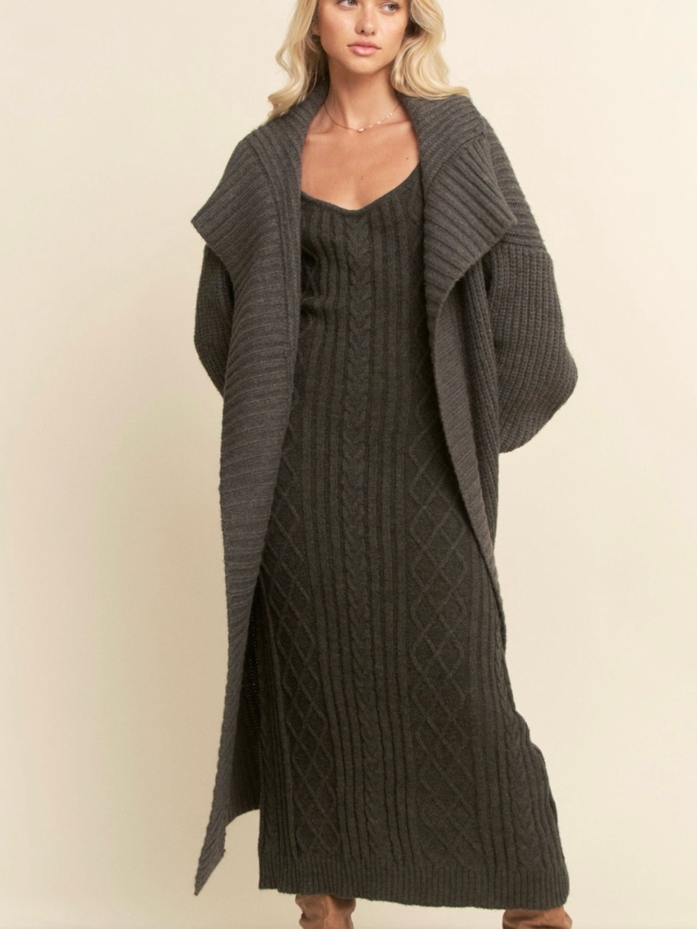 💕Coming Soon! 2-Piece Cable-Knit Maxi Sweater Dress and Long Cardigan